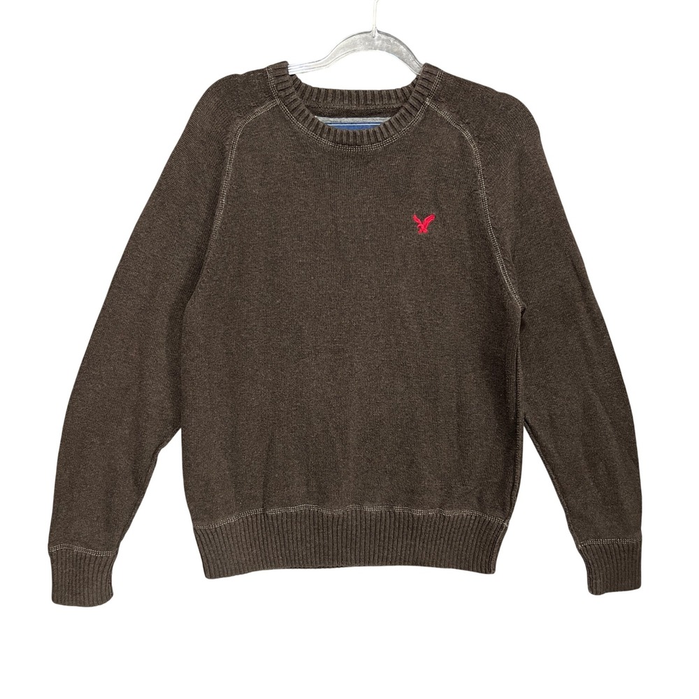 American Eagle Mens Brown Cotton Crewneck Sweater Red Eagle Logo Med Y2K Indie